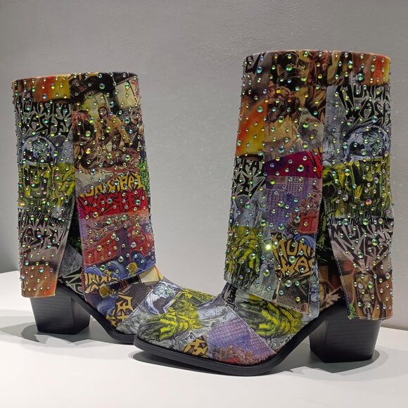 Women's Multi Rhinestone Fabric Chunky Heel Sturdy Sole Calf Western Boots - Picture 8 of 9